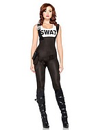 Kvinnelig SWAT-betjent, kostyme-jumpsuit, belte, seler